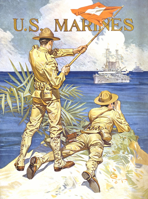Vintage World War One poster of two Marines signaling a ship with a flag. It reads, U.S. Marines. Poster Print - Item # VARPSTJPA100712M