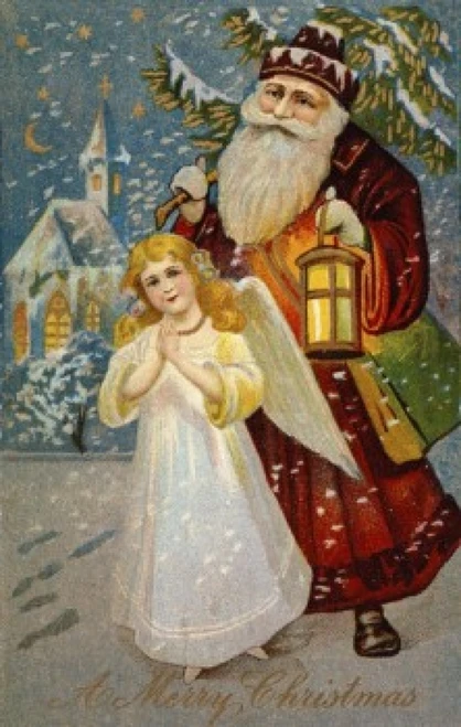 Santa With An Angel  Nostalgia cards Poster Print
