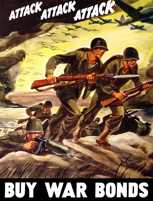 Vintage World War II propaganda poster featuring soldiers assaulting a beach with rifles, and bombers flying through the sky. It reads, Attack Attack Attack Buy War Bonds Poster Print (8 x 10) - Item # MINPSTJPA100915M
