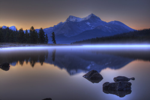 Sunrise On A Foggy Maligne Lake In Jasper National Park, Alberta PosterPrint - Item # VARDPI2034998