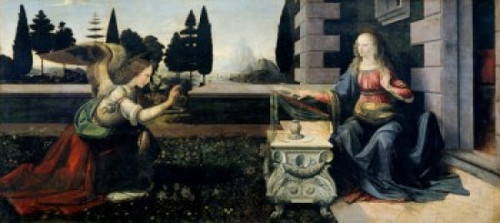 Annunciation  1472-75  Leonardo da Vinci  Tempera on wood  Galleria degli Uffizi  Florence  Italy Poster Print - Item # VARSAL263691 Annunciation  1472-75  Leonardo da Vinci  Tempera on wood  Galleria degli Uffizi  Florence  Italy Poster Print - Item # VARSAL263691