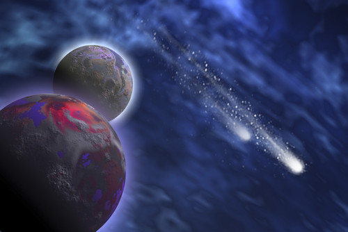 Two comets stream past a planet and its moon Poster Print - Item # VARPSTCFR100036S