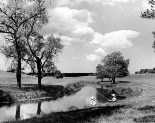 Vintage photograph of boy and girl and boy wearing straw hats  fly-fishing in rural landscape Poster Print - Item # VARSAL25516347B