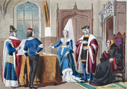 English Costumes From Late Fifteenth Century. From Left, Judge, Gentleman, Lady Of Rank, Courtier, Lady Of Quality. From The National And Domestic History Of England By William Aubrey Published London Circa 1890 PosterPrint - Item # VARDPI1855831