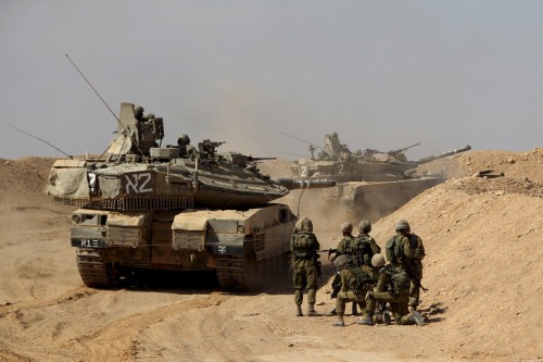 An Israel Defense Force Merkava Mark IV main battle tank exercise with infantry forces Poster Print - Item # VARPSTZDN100153M