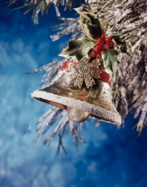 Close-up of a bell with holly leaves and berries hanging on a Christmas tree Poster Print - Item # VARSAL49112925