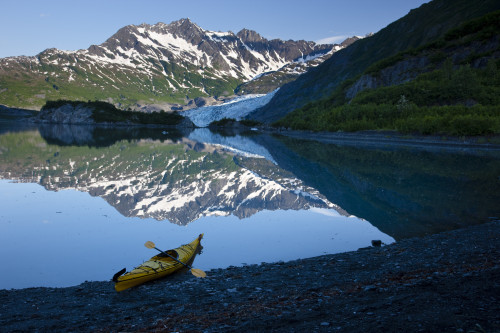 Kayak On The Beach In Shoup Bay With Shoup Glacier Reflected In The Water, Prince William Sound, Southcentral Alaska PosterPrint - Item # VARDPI2163830