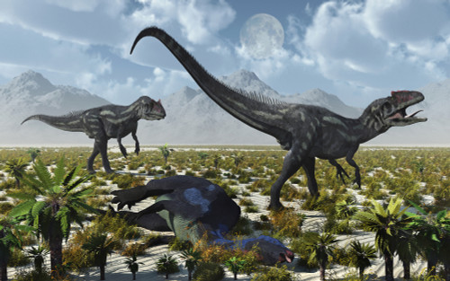 A pair of carnivorous Allosaurus dinosaurs with a freshly killed Camptosaurus dinosaur Poster Print - Item # VARPSTMAS100589P