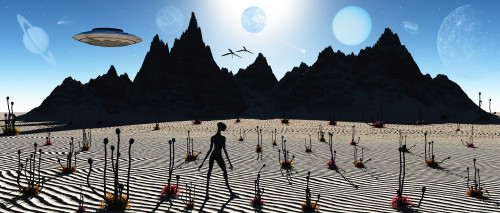A conceptual sci-fi image depicting a reptoid alien being on a distant alien world Poster Print - Item # VARPSTMAS100522S