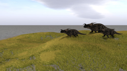 Three Einiosaurus dinosaurs walking across a grassy field Poster Print - Item # VARPSTKVA600498P