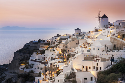 Whitewash buildings and windmill at dusk; Oia, Santorini, Greece PosterPrint - Item # VARDPI12254304