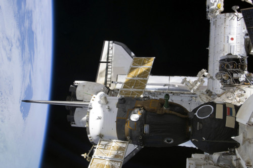 November 22, 2009 - A docked Soyuz spacecraft over the docked space shuttle Atlantis. A scene of Earth's horizon forms the background. Poster Print - Item # VARPSTSTK203087S