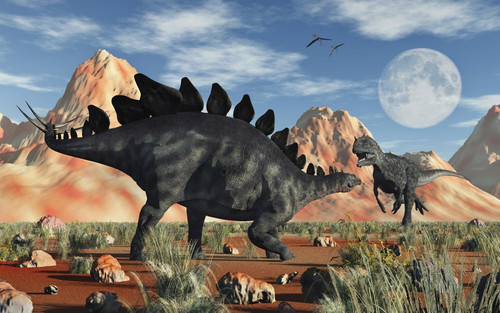 A Stegosaurus defending itself from an attacking Allosaurus Poster Print - Item # VARPSTMAS100920P