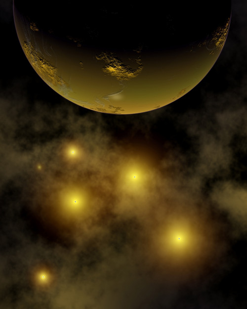 Artist's concept illustrating one of many star clusters found in the Milky Way galaxy. A distant world orbits one of these stars on the edge of a gaseous nebula that gave birth to this family of stars Poster Print - Item # VARPSTMAS100110S