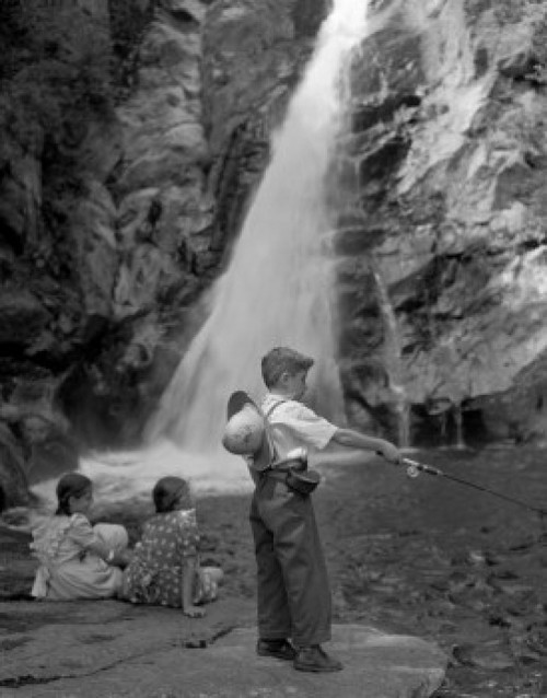 Boy fishing and girls sitting by waterfall Poster Print - Item # VARSAL255419779