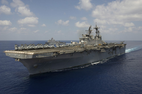 Indian Ocean, May 8, 2012 - The amphibious assault ship USS Makin Island conducts operations with the amphibious dock landing ship USS Pearl Harbor in the Indian Ocean. Poster Print - Item # VARPSTSTK105905M