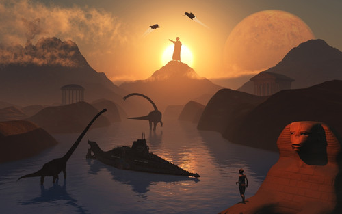 The fabled City of Atlantis set in the time of the dinosaurs, during Earth's long distant prehistoric past Poster Print