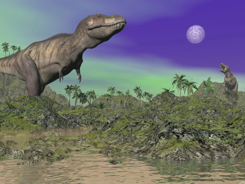 Tyrannosaurus Rex dinosaurs in prehistoric landscape at night Poster Print - Item # VARPSTEDV600051P