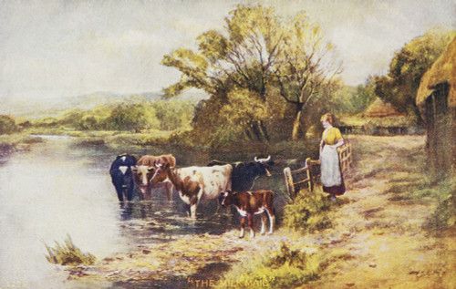 Vintage greeting card with illustration of milkmaid next to cows in a stream from the 19th century. PosterPrint - Item # VARDPI12272363