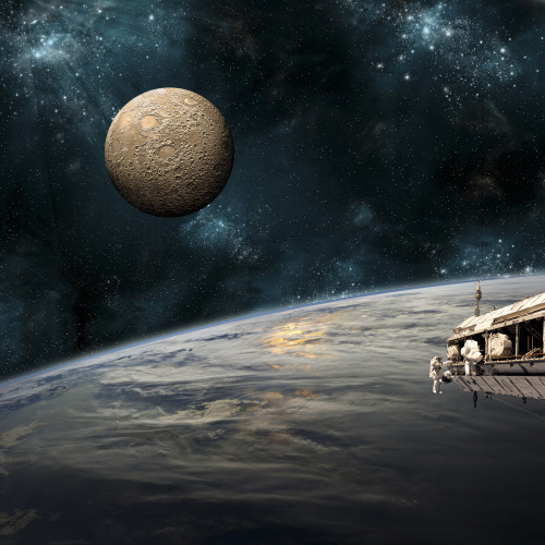 A team of astronauts work on a space station in orbit. An Earth-like planet sees the glow of a nearby sun while a heavily cratered moon rises above. Poster Print - Item # VARPSTMRC200124S