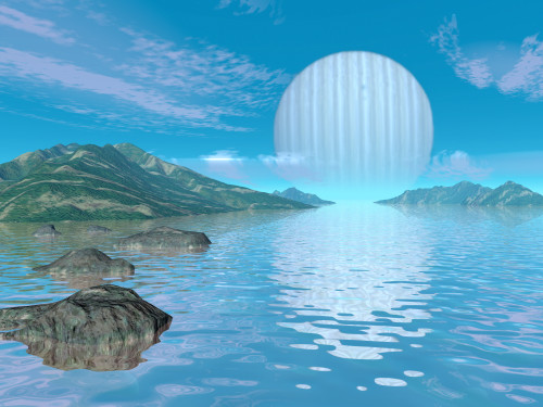Illustration of a hypothetical idyllic landscape on a distant alien planet Poster Print - Item # VARPSTWMY100002S