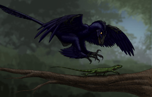 Microraptor hunting a small lizard on a tree branch Poster Print - Item # VARPSTVVA600008P