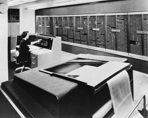 Side profile of a technician working on a computer  IBM Naval Ordnance Research Calculator  IBM Watson Laboratory  Columbia University  New York City  New York State  USA  1954 Poster Print - Item # VARSAL25515461