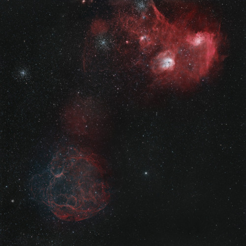 Widefield view of of Simeis 147, the Flaming Star Nebula, The Tadpole Nebula, and open clusters Messier 36, Messier 37 and Messier 38 Poster Print - Item # VARPSTRGE100046S