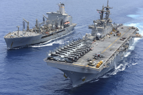 Red Sea, May 22, 2013 - The Military Sealift Command fleet replenishment oiler USNS Laramie and the amphibious assault ship USS Kearsarge conduct a replenishment-at-sea. Poster Print - Item # VARPSTSTK107608M