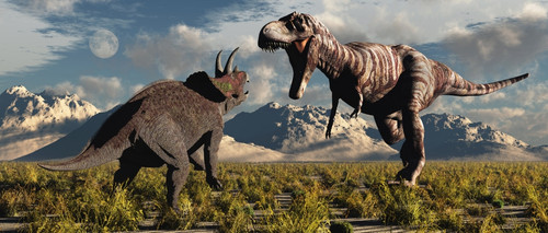 Tyrannosaurus Rex and Triceratops involved in a battle to the death during Earth's Cretaceous Period of time Poster Print - Item # VARPSTMAS100798P