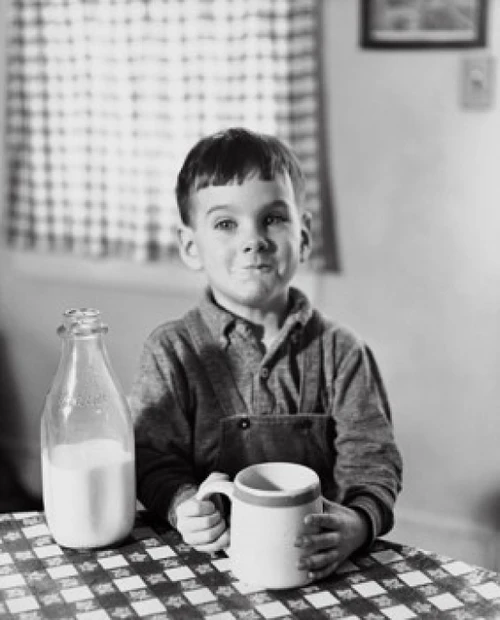 Boy sitting at the table and drinking milk Poster Print