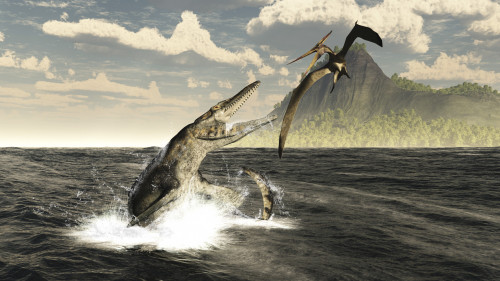 A Tylosaurus jumps out of the water, attacking a Pteranodon during the Mid-Cretaceous Period in the central sea spanning North America from Canada to Mexico. Poster Print - Item # VARPSTADR600021P