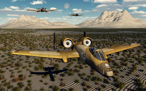 American A-10 Thunderbolts flying in formation over a desert landscape Poster Print - Item # VARPSTMAS100776M