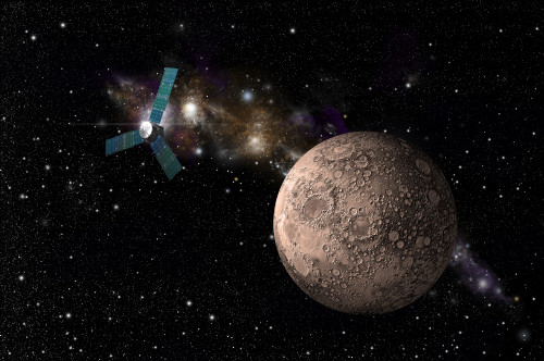 A probe investigating a heavily cratered moon in deep space Poster Print - Item # VARPSTMRC200061S