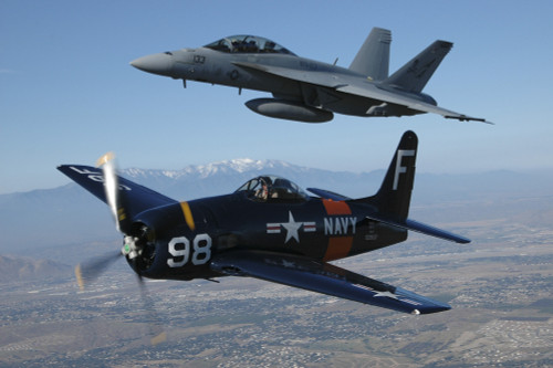 F/A-18 Hornet and F8F Bearcat flying over Chino, California Poster Print - Item # VARPSTPWA100049M