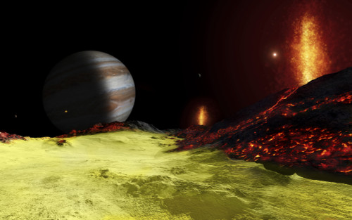 Volcanic activity on Jupiter's moon Io, with the planet Jupiter visible on the horizon Poster Print - Item # VARPSTFSU100014S