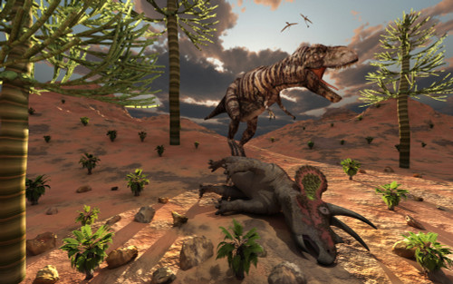 A T-Rex comes across the carcass of a dead Triceratops dinosaur Poster Print - Item # VARPSTMAS100380P