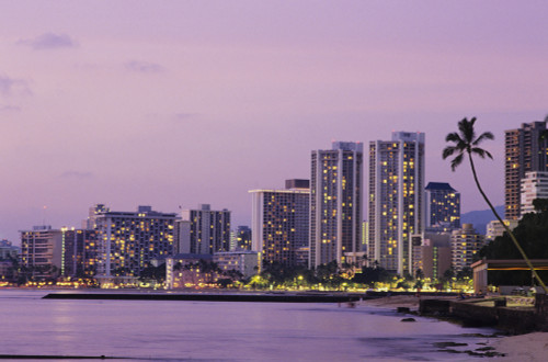 USA, Hawaii, Oahu, Honolulu, Hotels on Waikiki beach at dusk; Waikiki PosterPrint - Item # VARDPI1982033