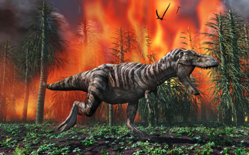Tyrannosaurus Rex fleeing from a deadly forest fire Poster Print - Item # VARPSTMAS100805P