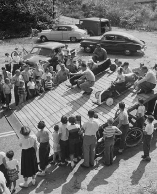 High angle view of a group of people watching a soap box car derby race Poster Print - Item # VARSAL25527791
