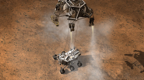 Artist's concept of NASA's Curiosity rover touching down onto the Martian surface Poster Print - Item # VARPSTSTK203830S