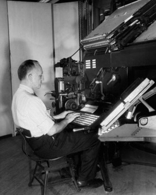 Side profile of a male worker operating a linotype machine Poster Print - Item # VARSAL2555948
