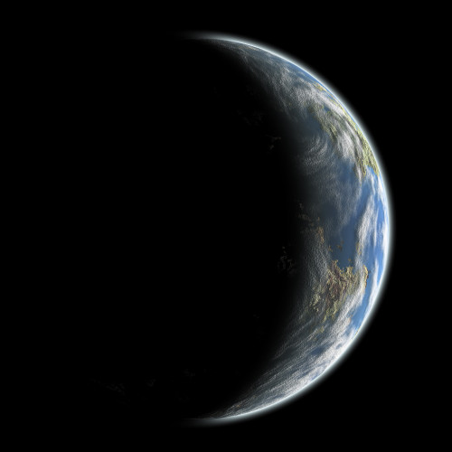 An artist's depiction of an Earth-like planet alone in space. A thick atmosphere that blankets the planet is illuminated by a nearby star Poster Print - Item # VARPSTMRC200027S