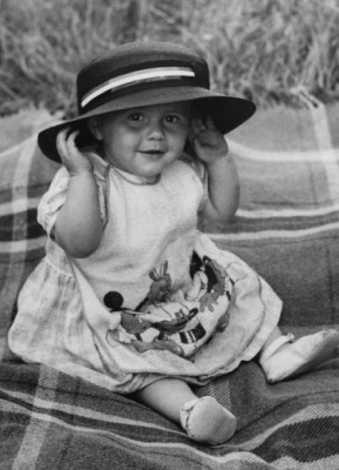 Baby girl sitting on blanket  smiling and wearing hat Poster Print - Item # VARSAL990359107