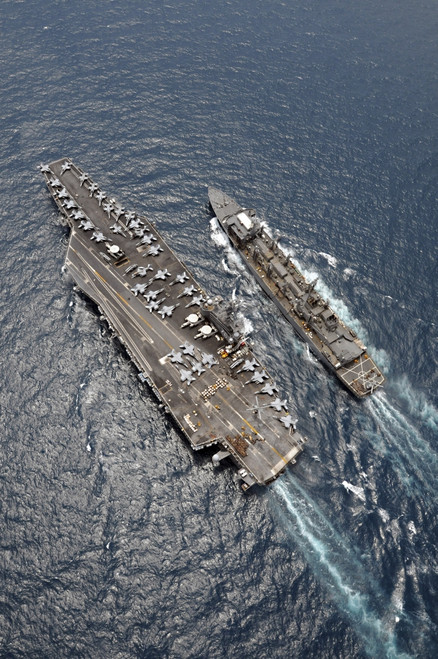 Aerial view of aircraft carrier USS Ronald Reagan and USNS Bridge during a replenishment at sea Poster Print - Item # VARPSTSTK103589M