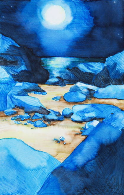Watercolor Painting of a moonlit path by the sea. PosterPrint