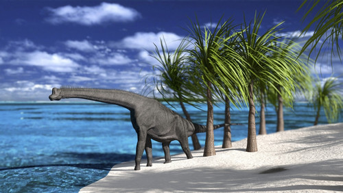Large Brachiosaurus on the shoreline Poster Print