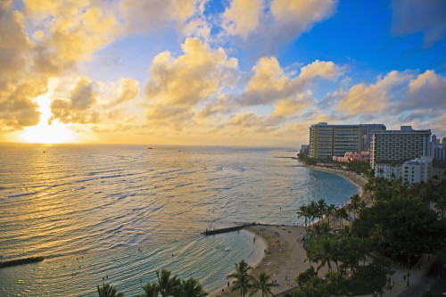 Hawaii, Oahu, Waikiki, View of the Pacific Ocean and Waikiki Beach during sunset. PosterPrint - Item # VARDPI2116180
