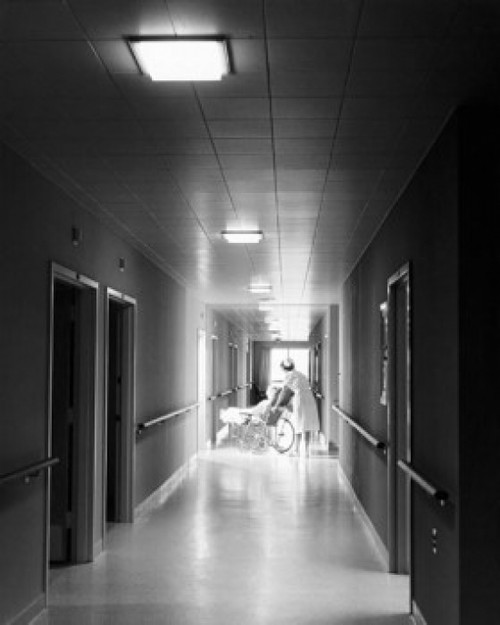 Female nurse pushing a patient on a wheelchair in a corridor Poster Print - Item # VARSAL25527687