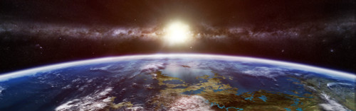 Artist's concept of an extraterrestrial planet showing the Sun and a galaxy on the horizon Poster Print - Item # VARPSTFHV100004S